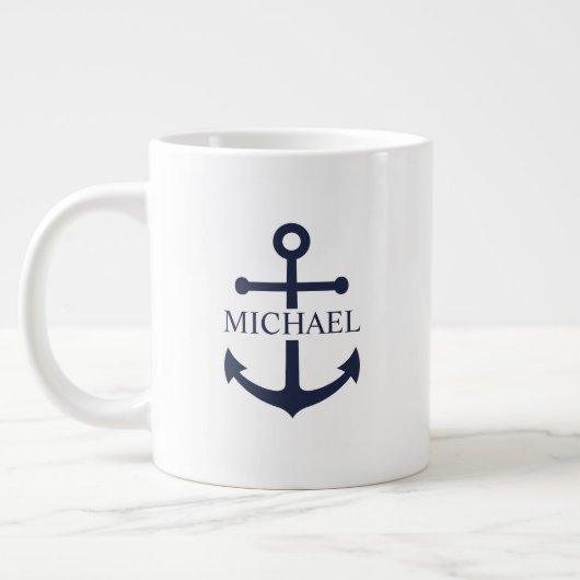 Grande Tasse Ancre Bleue Marine Nom Personnalisé (Gauche)