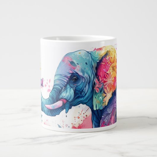 Grande Tasse Aquarelle Eléphant avec fleurs. (Devant)
