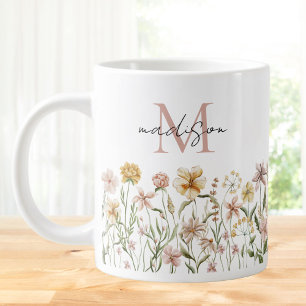 Grande Tasse Aquarelle monogramme Fleur sauvage Floral de prair
