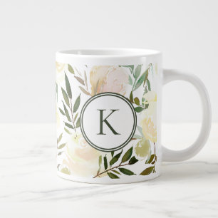 Grande Tasse Aquarelle romantique florale blanche et verte
