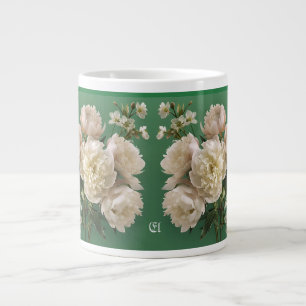 Grande Tasse Belles Pivoines Blanches et Roses Monogramme Nom