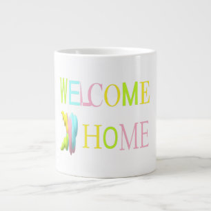 Grande Tasse Bienvenue chez vous dans les tons rose bleu jaune 