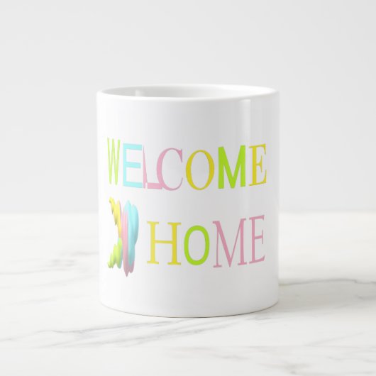 Grande Tasse Bienvenue chez vous dans les tons rose bleu jaune  (Devant)