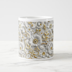 Grande Tasse Blanc sur blanc Floral ornemental et Feuilles d'or