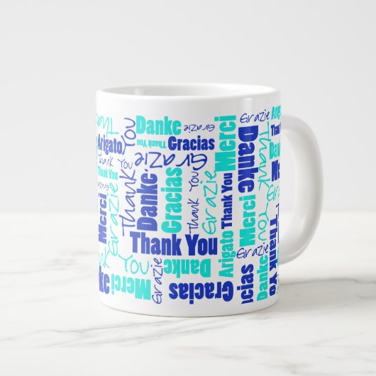 Grande Tasse Bleu Turquoise Merci multilingue Typographie (Devant droit)