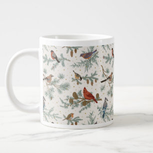 Grande Tasse Branches d'oiseaux et de pins d'hiver Motif