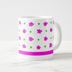 Grande Tasse Bright rose floral motif, Polkas vert sur blanc
