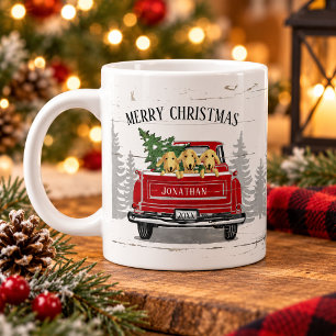 Grande Tasse Camion Rouge Vintage avec Chiens Noël Rustique Joy