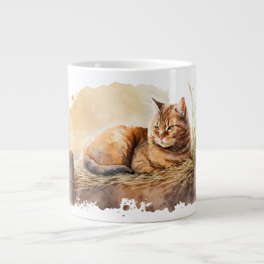 Grande Tasse Chat Gingembre Aquarelle sur le foin (Devant)
