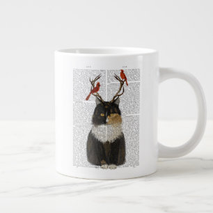 Grande Tasse Chat Tortoiseshell avec Antlers et Red Birds