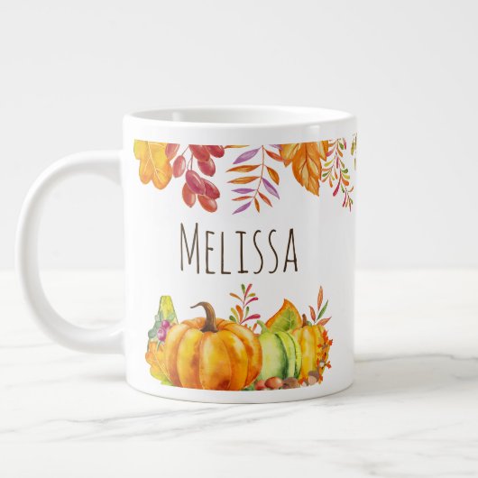 Grande Tasse Citrouilles de récolte et feuilles d'automne front (Gauche)