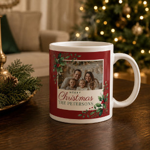 Grande Tasse Classique Noël Photo Rouge Botanique Personnalisée