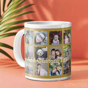 Grande Tasse Collage de 12 photos avec fond doré