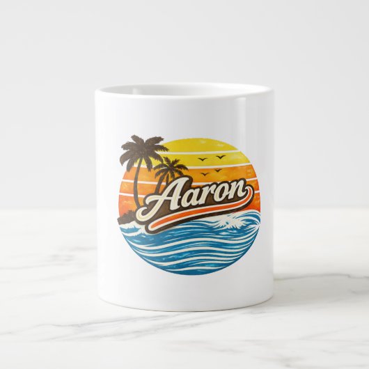 Grande Tasse Conception de nom de coucher de soleil rétro Aaron (Devant)
