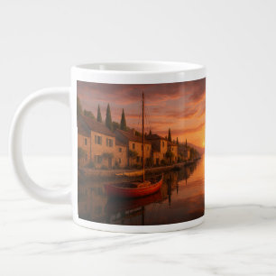 Grande Tasse Coucher De Soleil Doré Sur Le Village Côtier