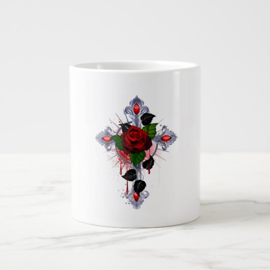 Grande Tasse Croix d'argent avec une rose rouge (Devant)