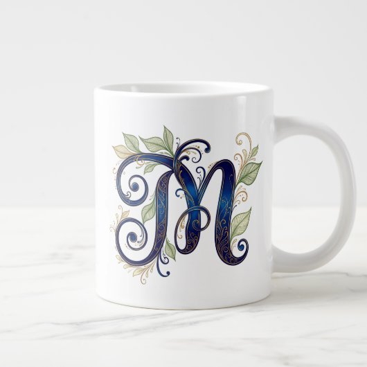 Grande Tasse Cursive M – Elegant Blue & Gold Monogram (Droite)
