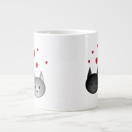 Grande Tasse Cute Chats noirs et gris, avec des Coeurs. (Devant)