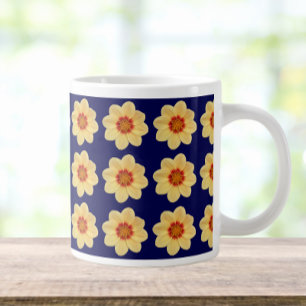 Grande Tasse Dahlia jaune motif floral sur bleu