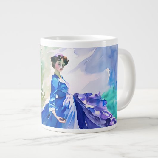 Grande Tasse Dame en Robe Bleue - Peinture aquarelle (Devant droit)