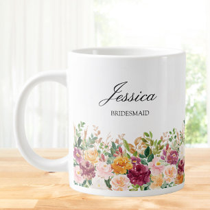 Grande Tasse Demoiselle d'honneur Fleur de Rose Aquarelle Monog
