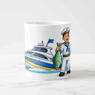 Grande Tasse Dessin animé Marin avec yacht et poisson Art nauti