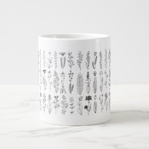 Grande Tasse Dessin D'Encre Fleurs Et Herbes