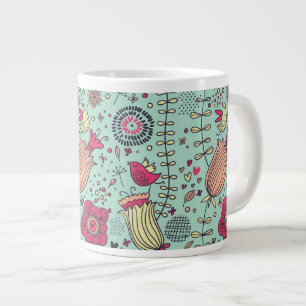 Grande Tasse Dessin floral en caricature avec oiseaux