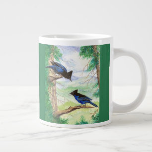 Grande Tasse Deux oiseaux geai stellaire à l'aquarelle arbres f