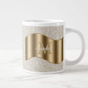 Grande Tasse Diamants, Grand Monogramme Or Nom en Écriture Blan