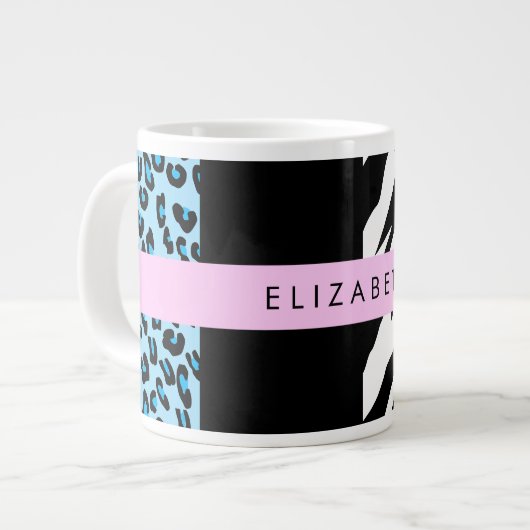 Grande Tasse Empreinte de léopard, Zebra Print, Bleu, Votre nom (Devant gauche)