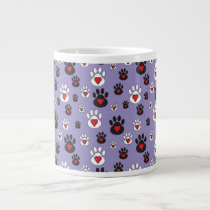 Grande Tasse Empreintes de pattes avec des cœurs rouges sur fon