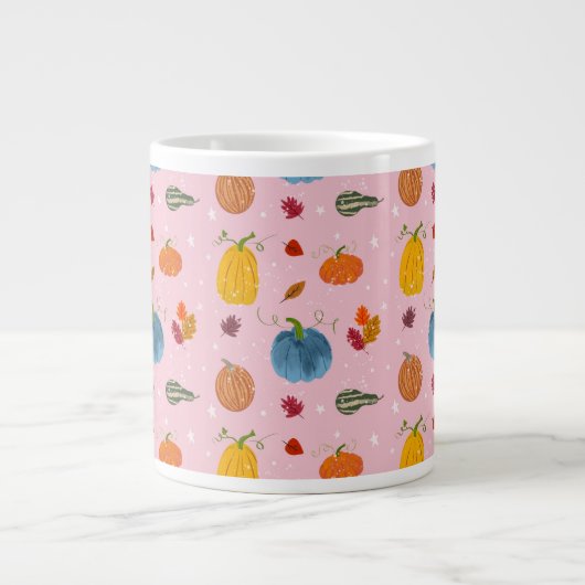 Grande Tasse Fall Leaves and Gourds on Pink Background (Devant)