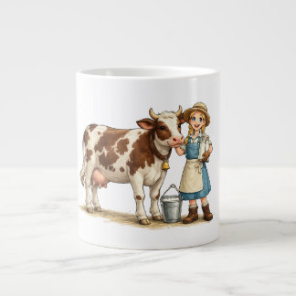 Grande Tasse Fille de la ferme avec vache, joli art de campagne