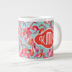 Grande Tasse Flamants roses aquarelles rassemblés Monogramme