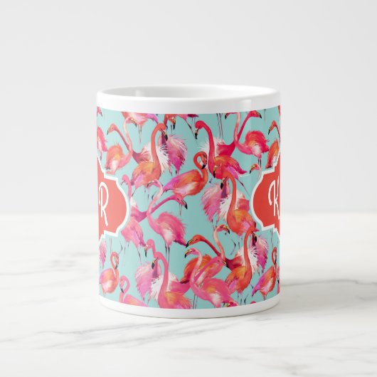 Grande Tasse Flamants roses aquarelles rassemblés| Monogramme (Devant)