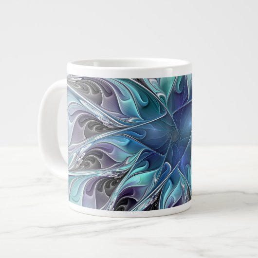 Grande Tasse Fleur fractale moderne abstraite avec du bleu (Devant gauche)