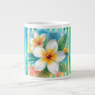 Grande Tasse Fleurs de frangipanier, motif ligne turquoise jaun