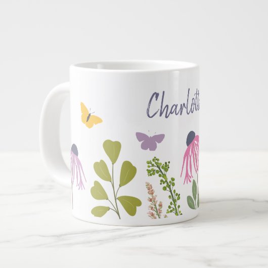 Grande Tasse Fleurs de jardin et papillons Nom personnalisé (Devant gauche)