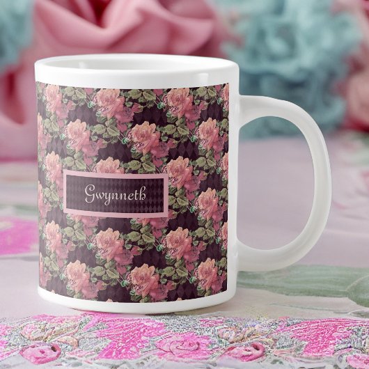 Grande Tasse Fleurs de pêche et papillon sur Arlequin violet