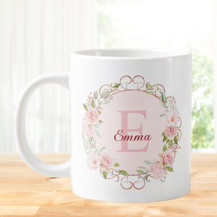 Grande Tasse Fleurs de rose rose blush aquarelle monogramme flo