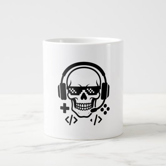 Grande Tasse Gamer Skull Headset Pixel Glasses | Bold Black Vec (Devant)