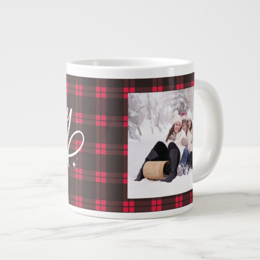Grande Tasse Gold Script Sparkly Merry Holiday Plaid Photo Cade (Devant droit)