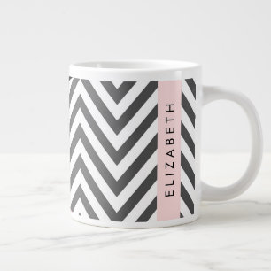 Grande Tasse Grey Zigzag, Grey Chevron, Rose, Votre Nom