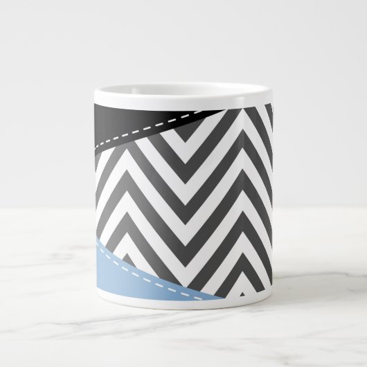 Grande Tasse Gris Zigzag, Gris Chevron, Motif Zigzag, Bleu (Devant)