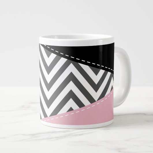 Grande Tasse Gris Zigzag, Gris Chevron, Motif Zigzag, Rose (Devant droit)