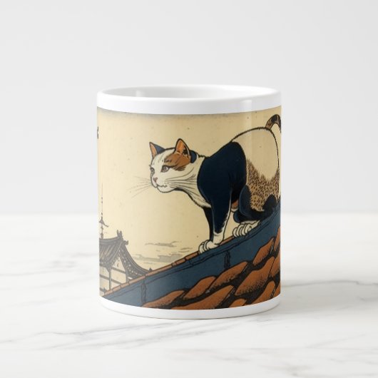 Grande Tasse Hokusai inspiré l'art avec un chat mignon (Devant)