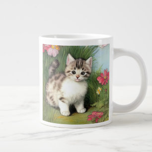 Grande Tasse Illustration de chat vintage avec des fleurs rouge