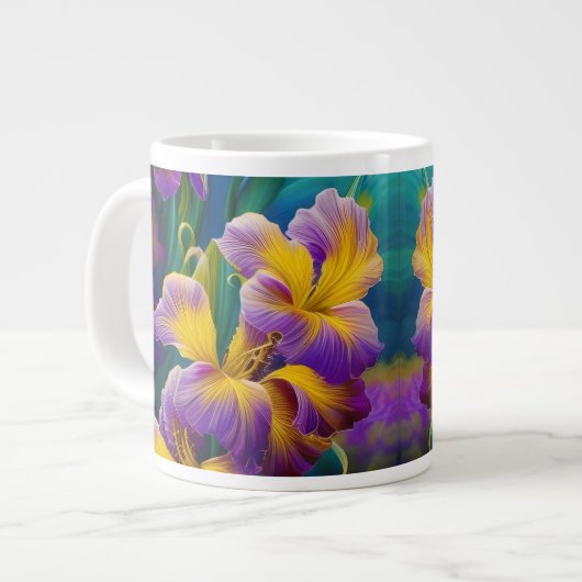 Grande Tasse Iris Floral Violet et bleu or feuilles (Devant gauche)
