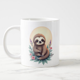 Grande Tasse "Jolie illustration de Sloth sur Floral Arrière -